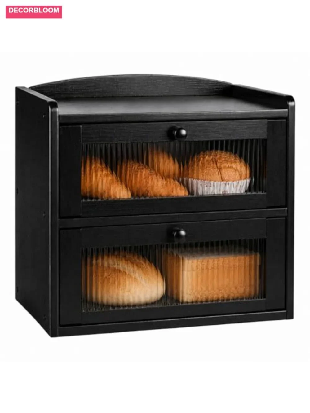 Large Wooden Bread Box, 2-Tier, Clear Acrylic Window, Magnetic Doors